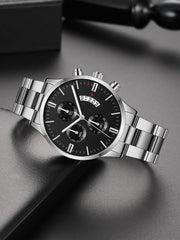 1pc Men Silver Zinc Alloy Strap Business Round Dial Quartz Watch & 1pc Bracelet, For Daily Decoration