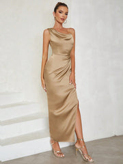 Asymmetrical Neck Ruched Side Draped Front Satin Bridesmaid Dress