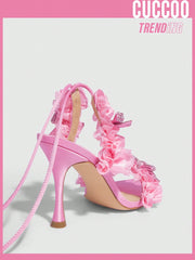 Cuccoo Party Collection Women Bow & Ruffle Decor Stiletto Heeled Sandals, Glamorous Banquet Satin Strappy Heeled Sandals