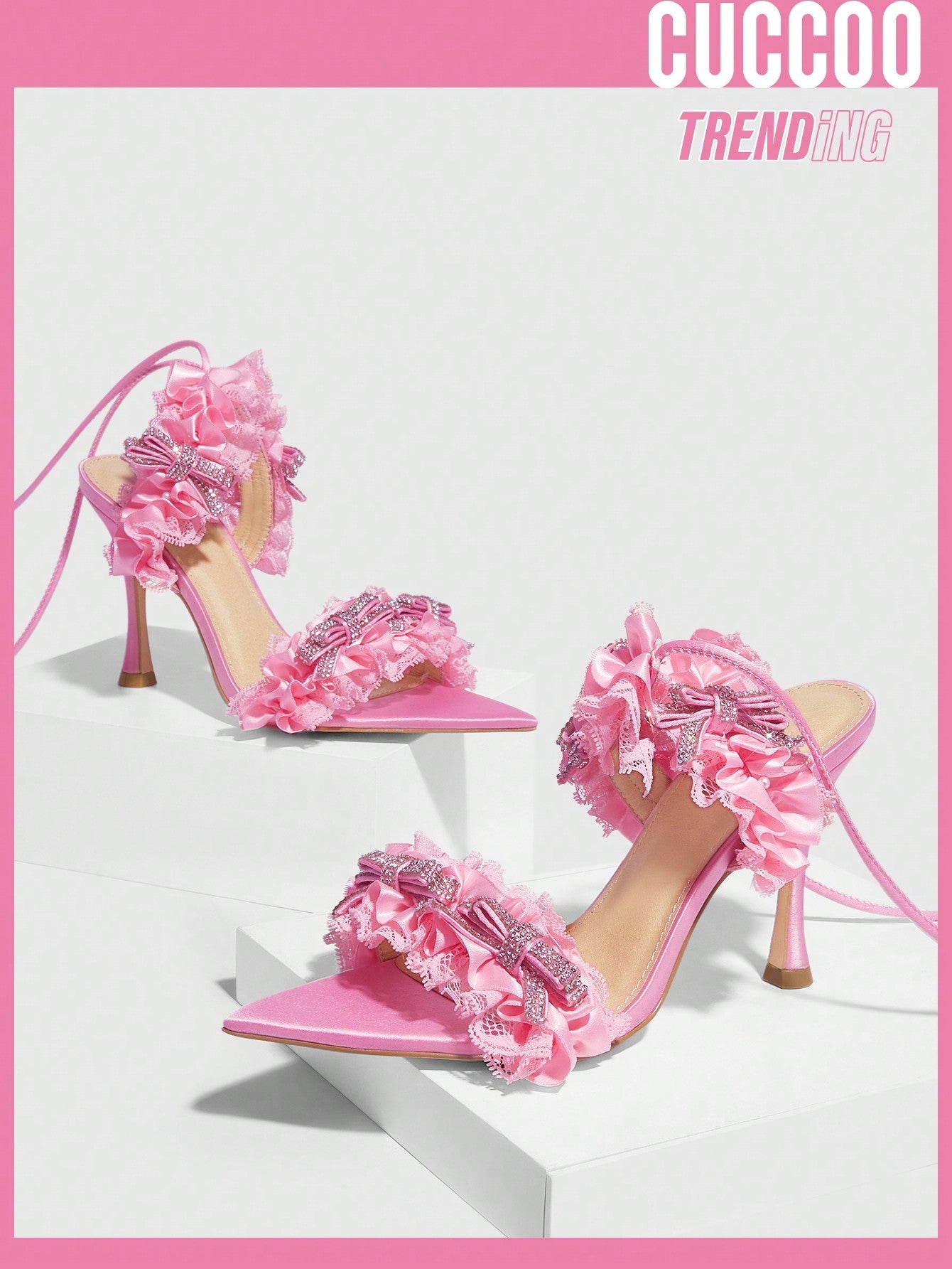 Cuccoo Party Collection Women Bow & Ruffle Decor Stiletto Heeled Sandals, Glamorous Banquet Satin Strappy Heeled Sandals