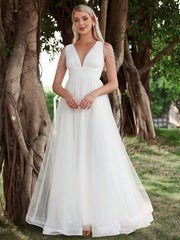 Contrast Mesh V Neck Wedding Dress