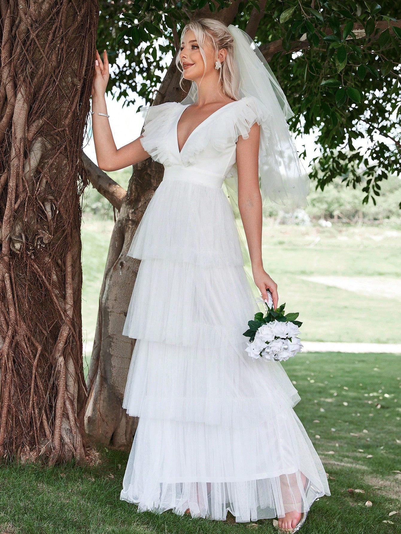 Plunging Neck Ruffle Trim Layered Hem Mesh Wedding Dress Without Veil