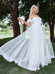 Off Shoulder Contrast Mesh Wedding Dress