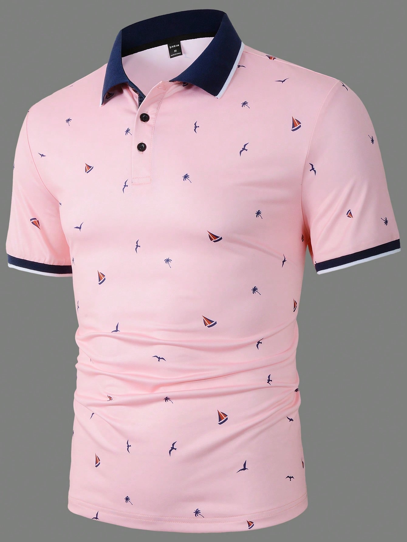 Manfinity Mode Men Coconut Tree & Ship Print Contrast Trim Polo Shirt