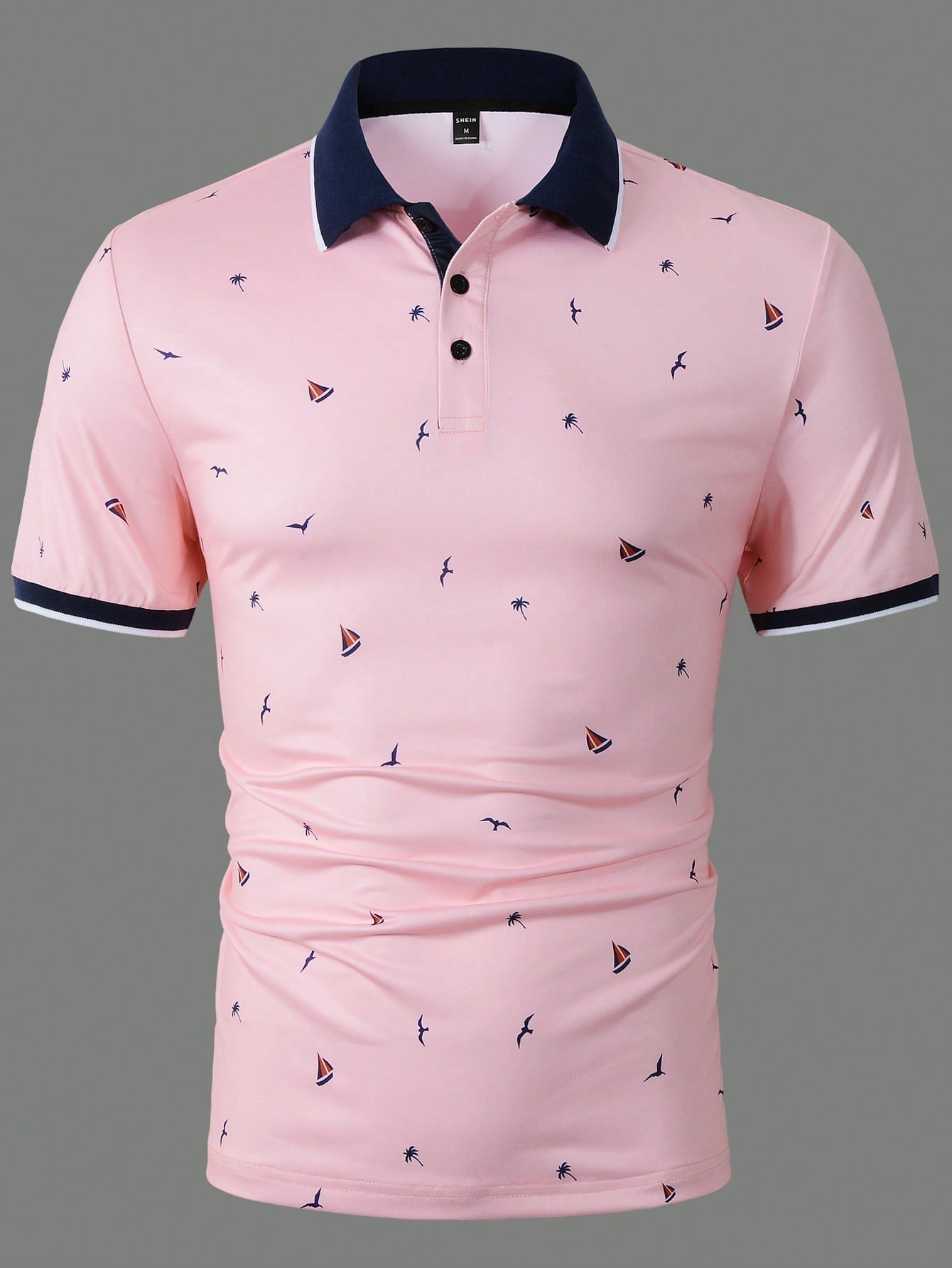 Manfinity Mode Men Coconut Tree & Ship Print Contrast Trim Polo Shirt