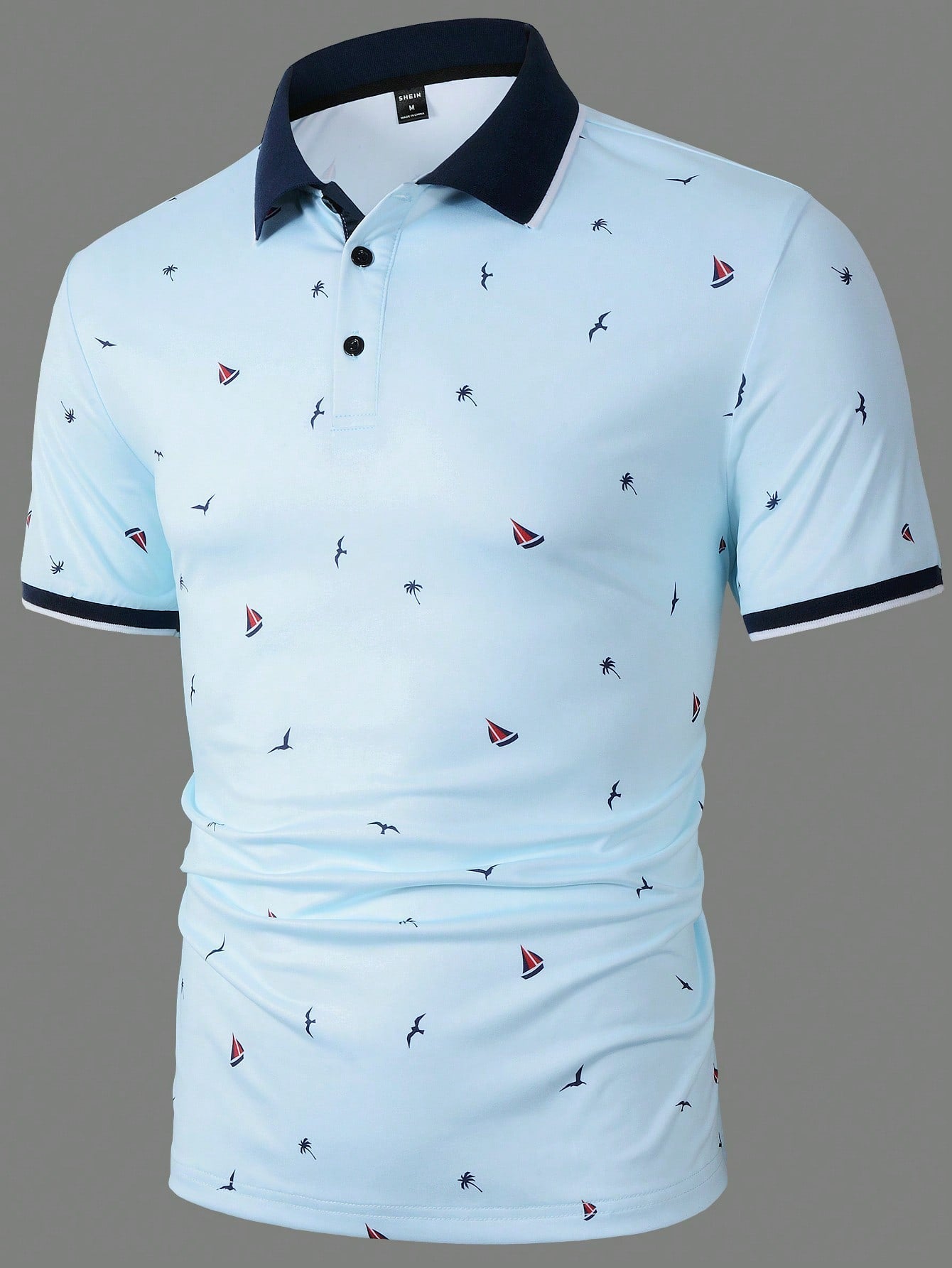 Manfinity Mode Men Coconut Tree & Ship Print Contrast Trim Polo Shirt