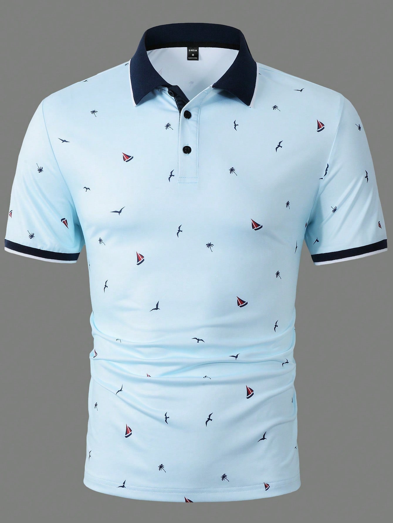 Manfinity Mode Men Coconut Tree & Ship Print Contrast Trim Polo Shirt