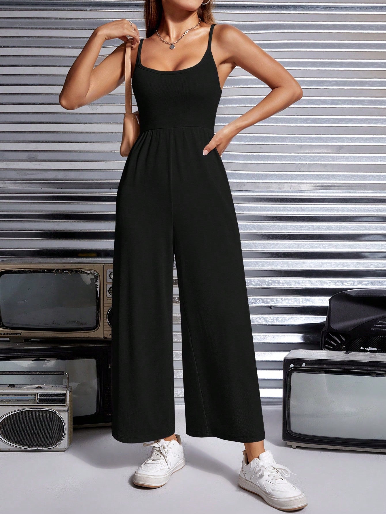 PETITE Solid Open Back Cami Jumpsuit