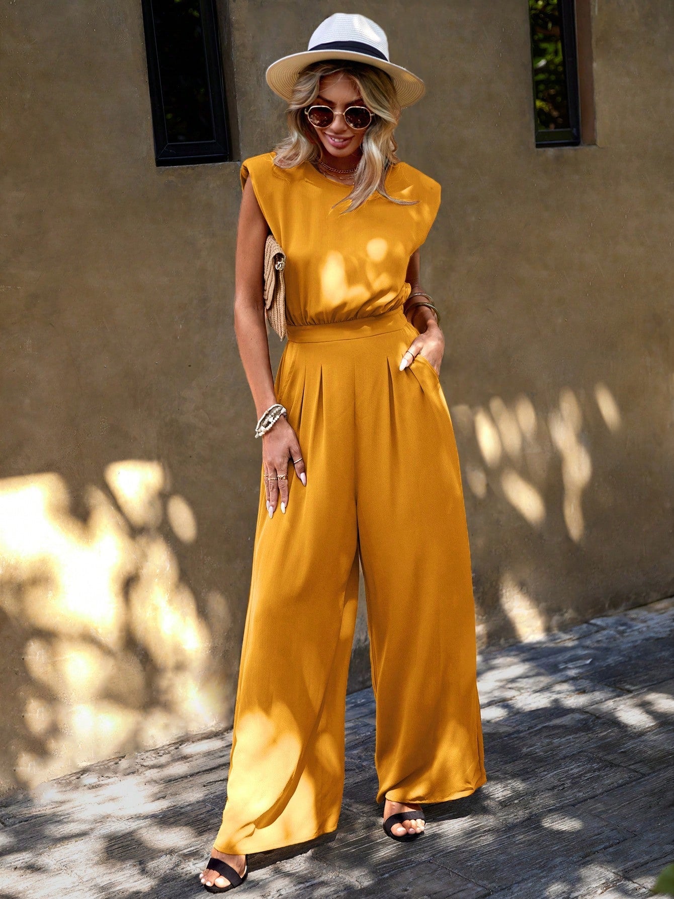 Clasi Solid Slant Pocket Wide Leg Jumpsuit