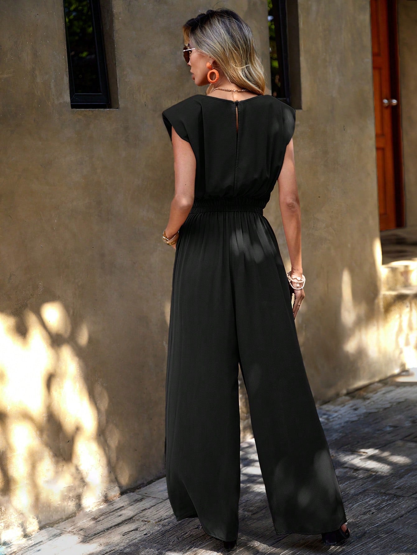 LUNE Solid Slant Pocket Wide Leg Jumpsuit