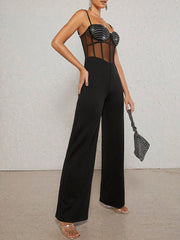 Mienne Contrast Mesh Rhinestone Detail Bustier Cami Jumpsuit