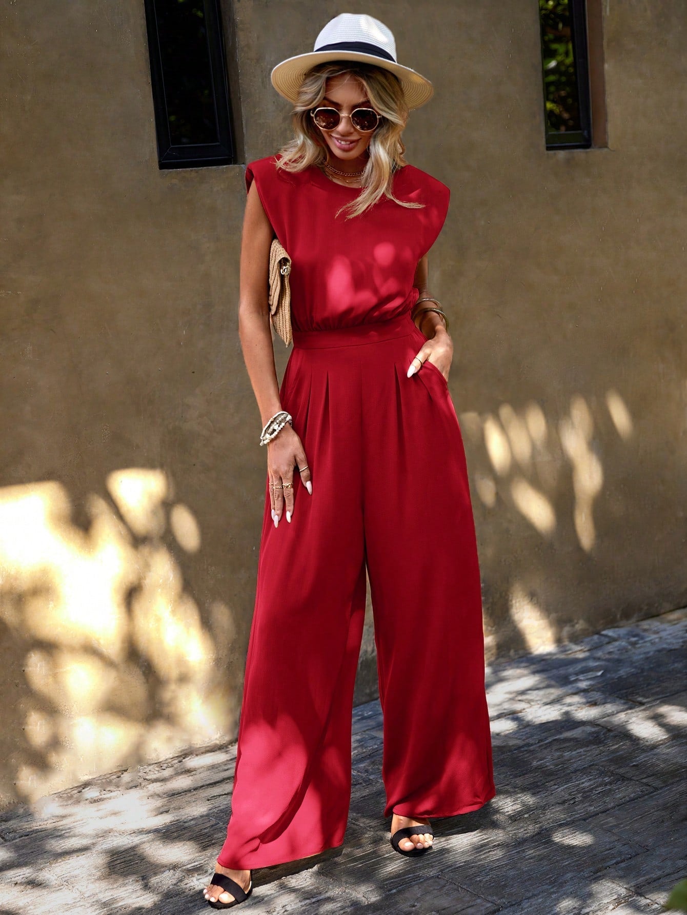 LUNE Solid Slant Pocket Wide Leg Jumpsuit