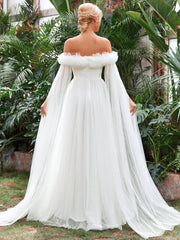 Off Shoulder Ruffle Trim Mesh Wedding Dress