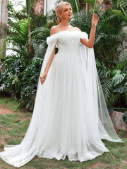 Off Shoulder Ruffle Trim Mesh Wedding Dress