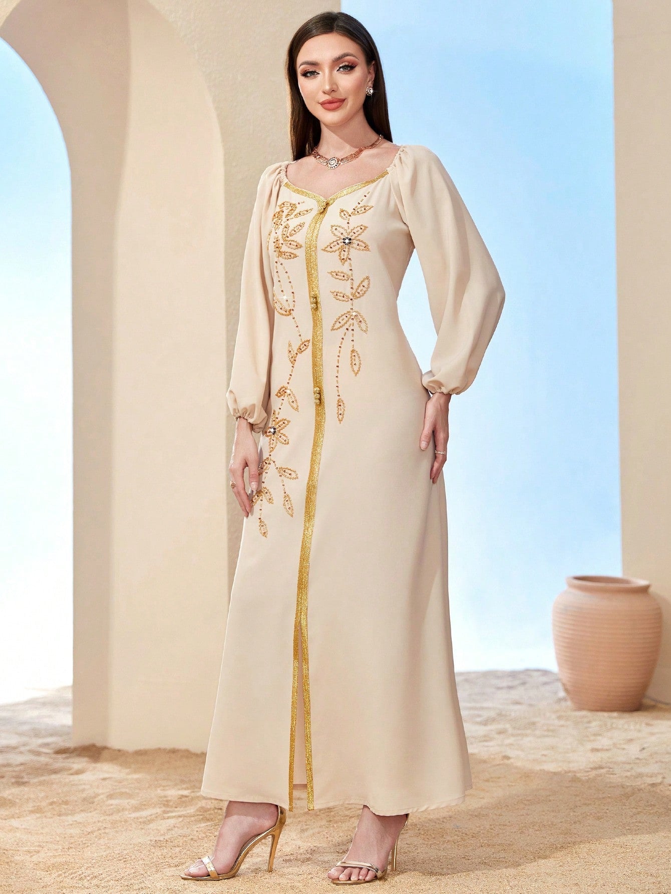 Najma Floral Embroidery Lantern Sleeve Split Hem Kaftan