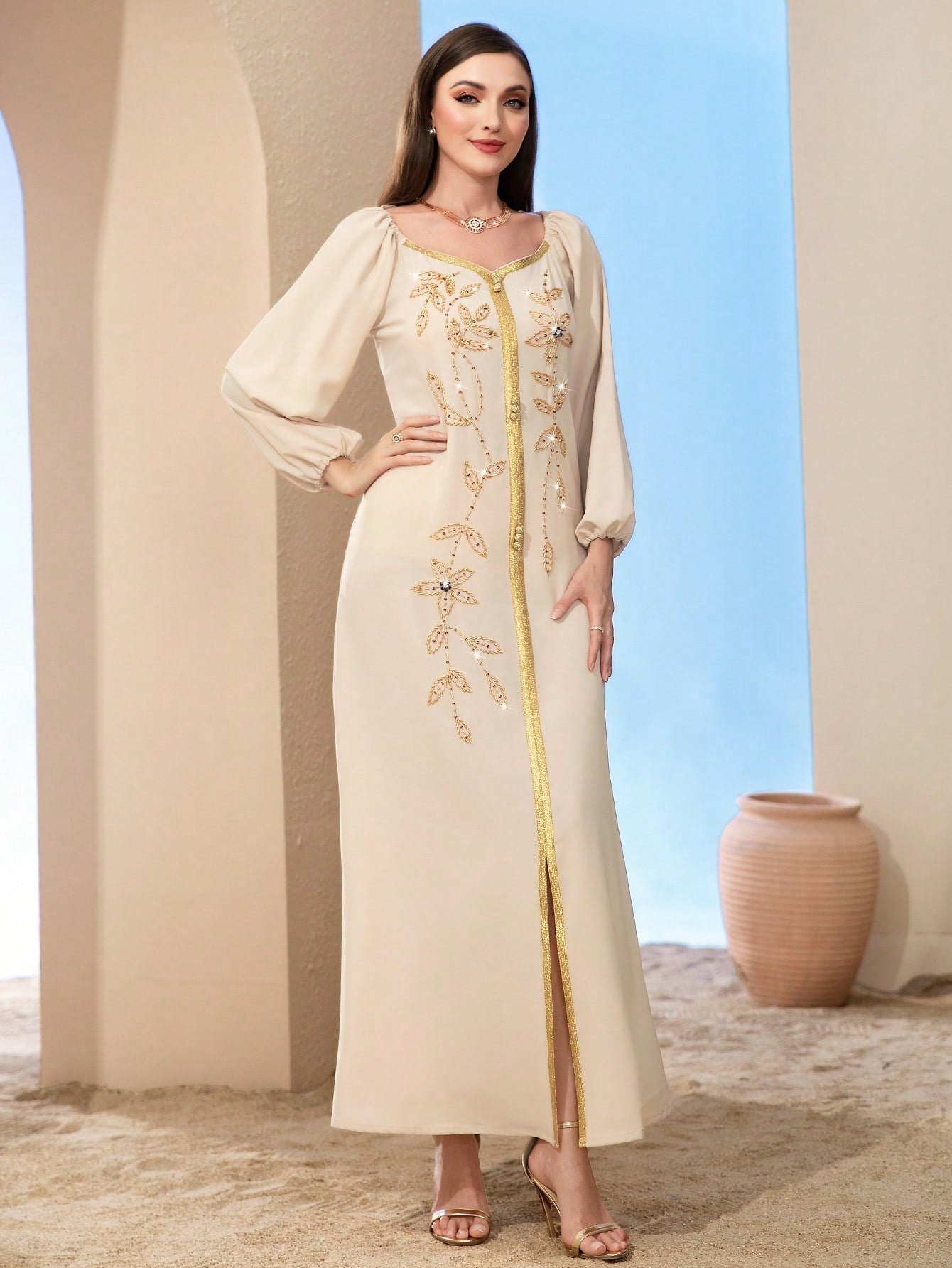 Najma Floral Embroidery Lantern Sleeve Split Hem Kaftan