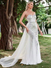 Contrast Mesh Hem Tube Sequin Wedding Dress