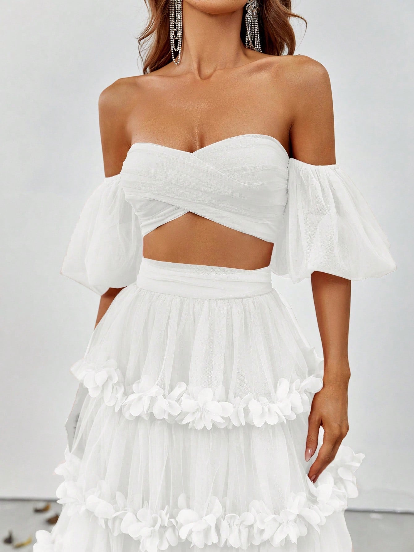 Off Shoulder Puff Sleeve Crop Top & Floral Appliques Skirt