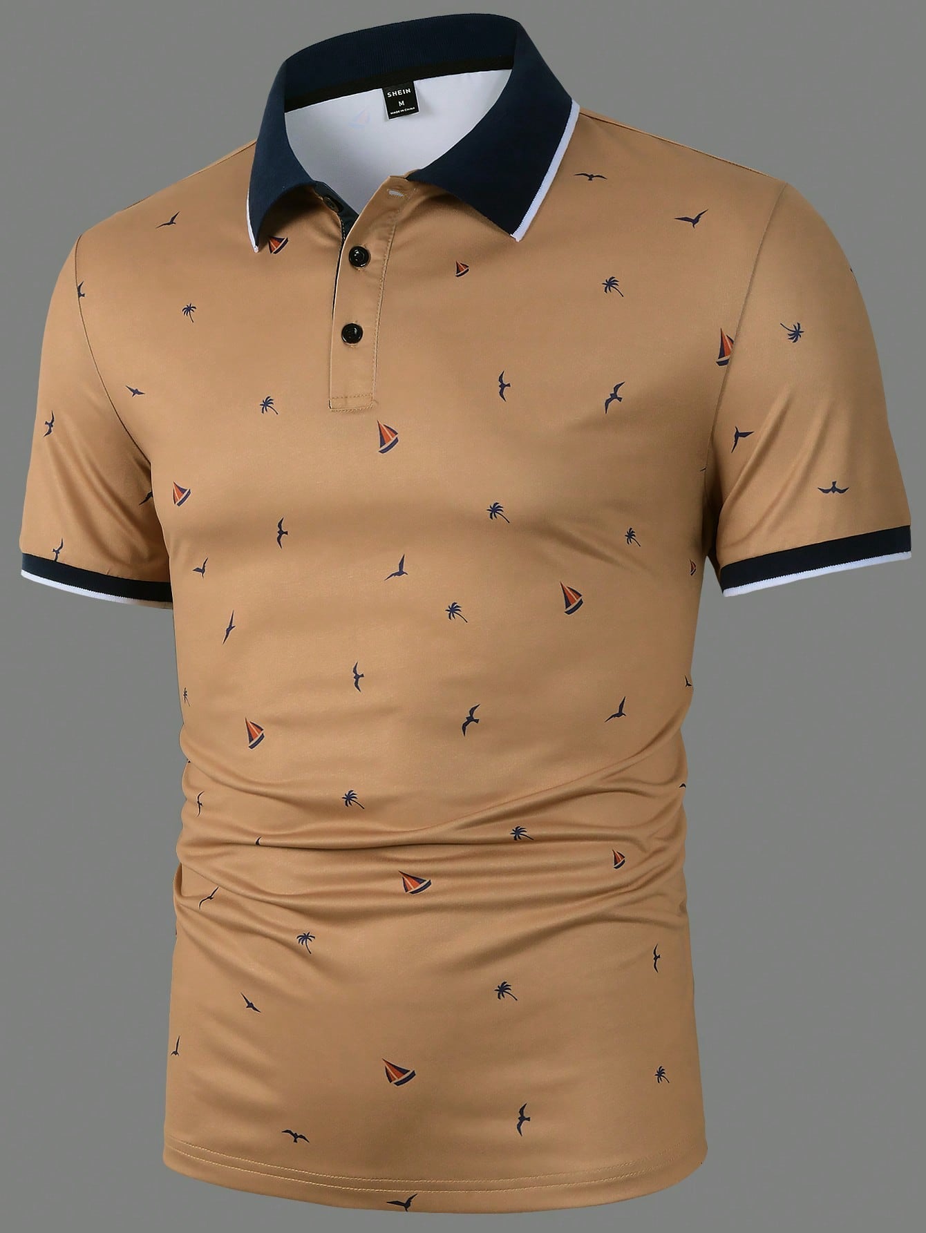 Manfinity Mode Men Coconut Tree & Ship Print Contrast Trim Polo Shirt