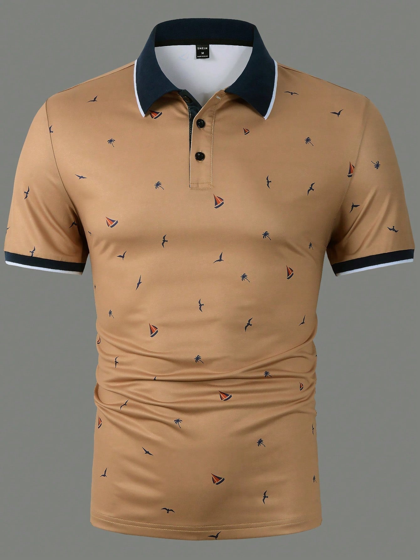 Manfinity Mode Men Coconut Tree & Ship Print Contrast Trim Polo Shirt