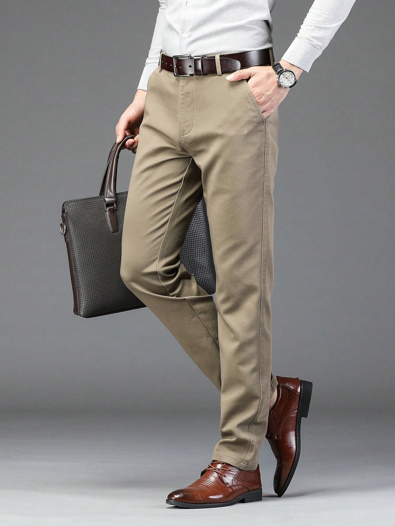 Men Solid Slant Pocket Straight Leg Suit Pants Without Belt