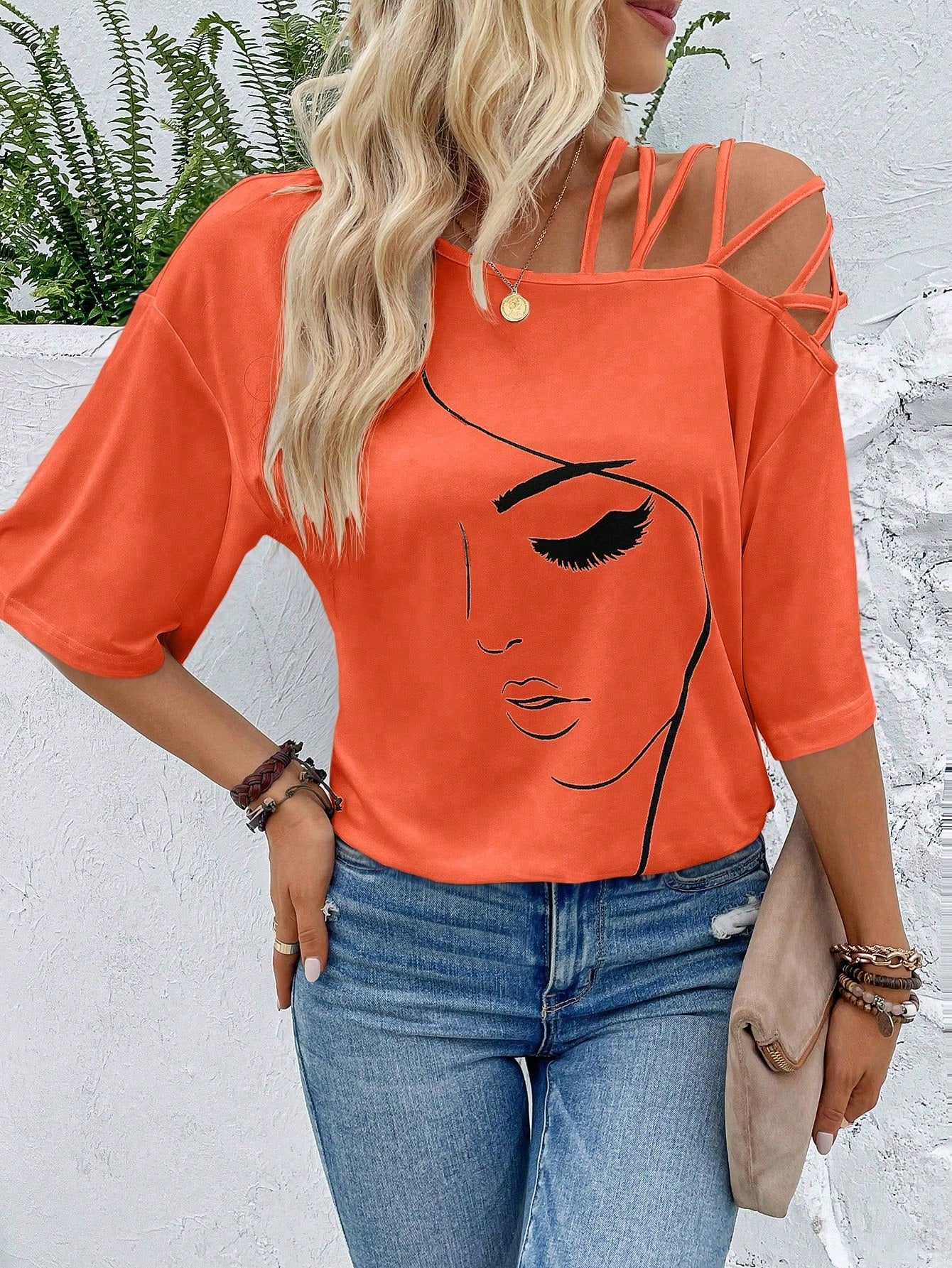 VCAY Figure Graphic Asymmetrical Neck Tee