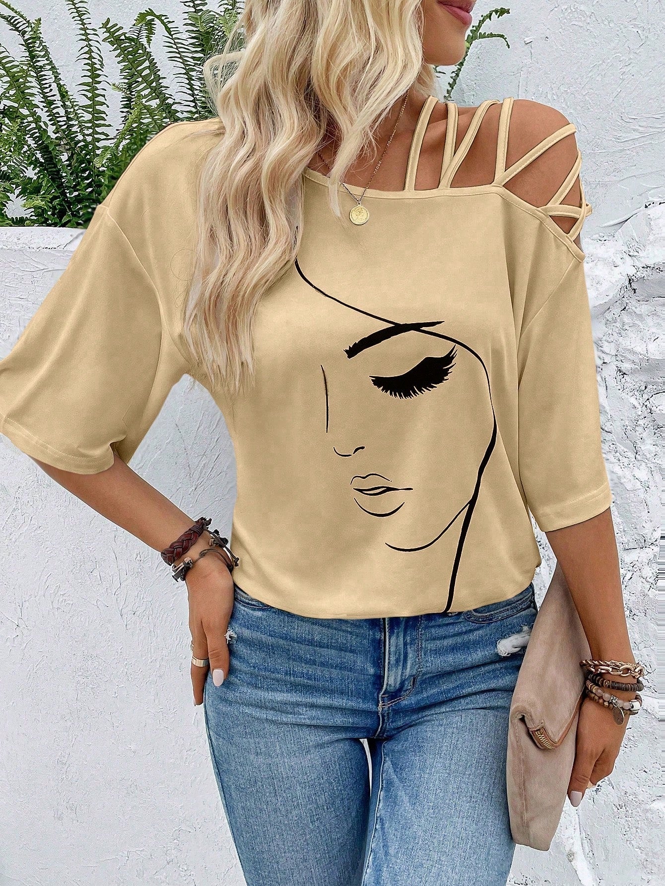 VCAY Figure Graphic Asymmetrical Neck Tee