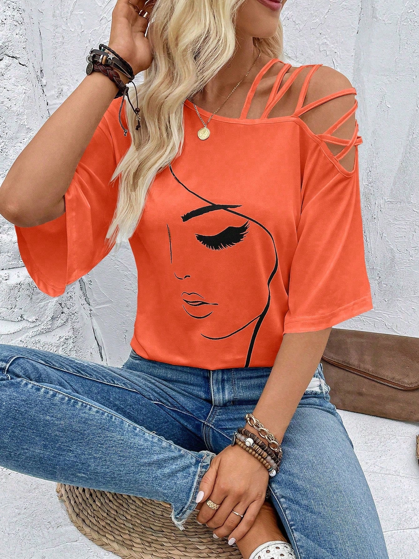 VCAY Figure Graphic Asymmetrical Neck Tee