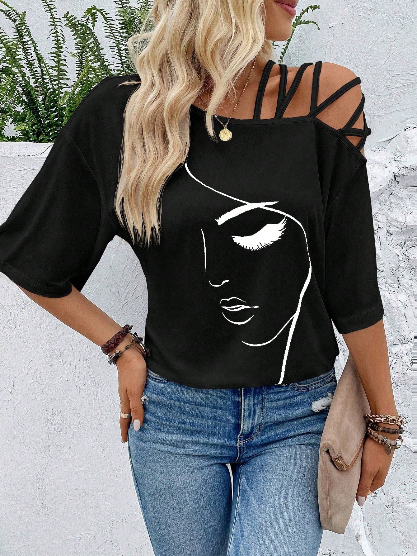 VCAY Figure Graphic Asymmetrical Neck Tee