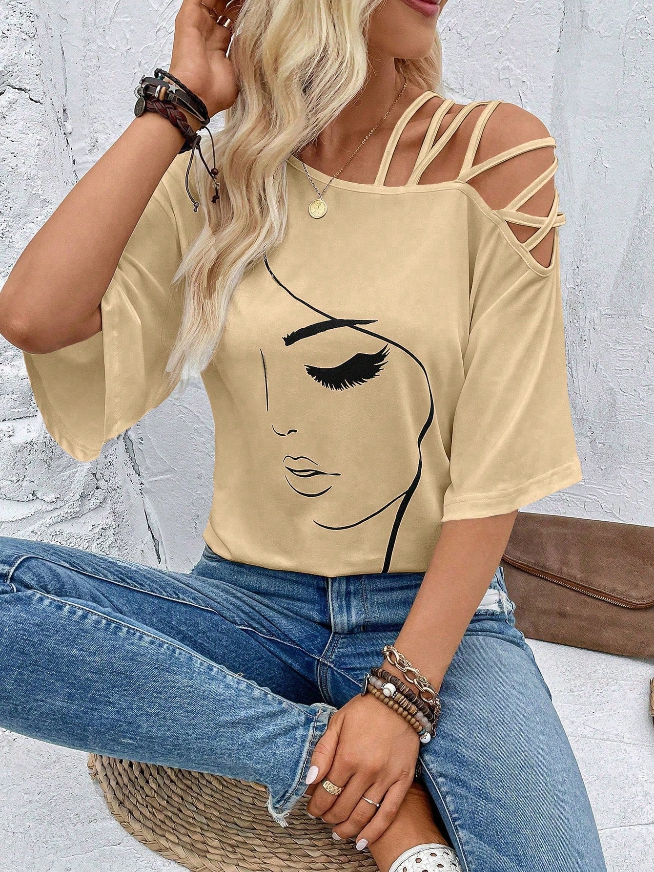 VCAY Figure Graphic Asymmetrical Neck Tee