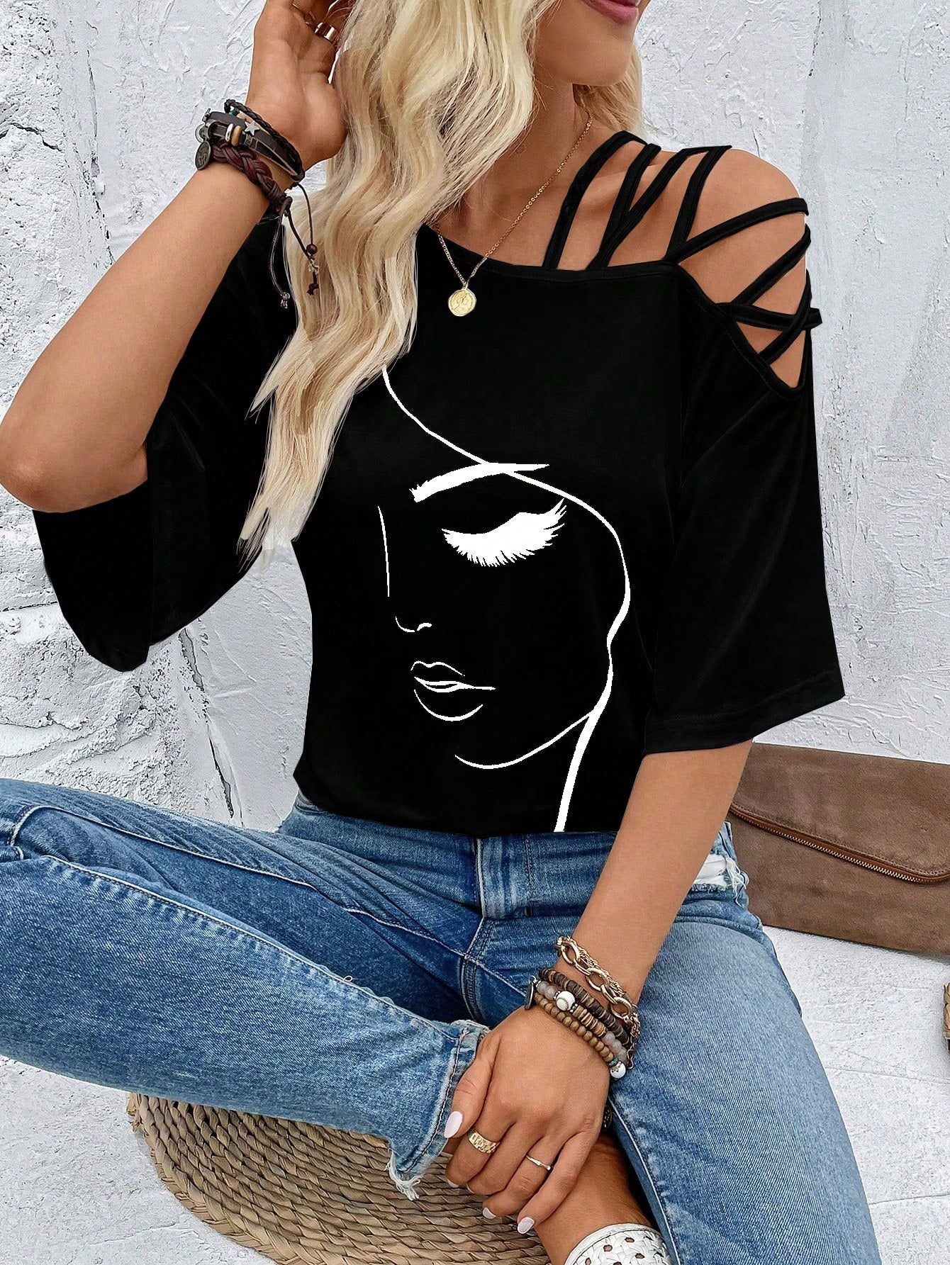 VCAY Figure Graphic Asymmetrical Neck Tee