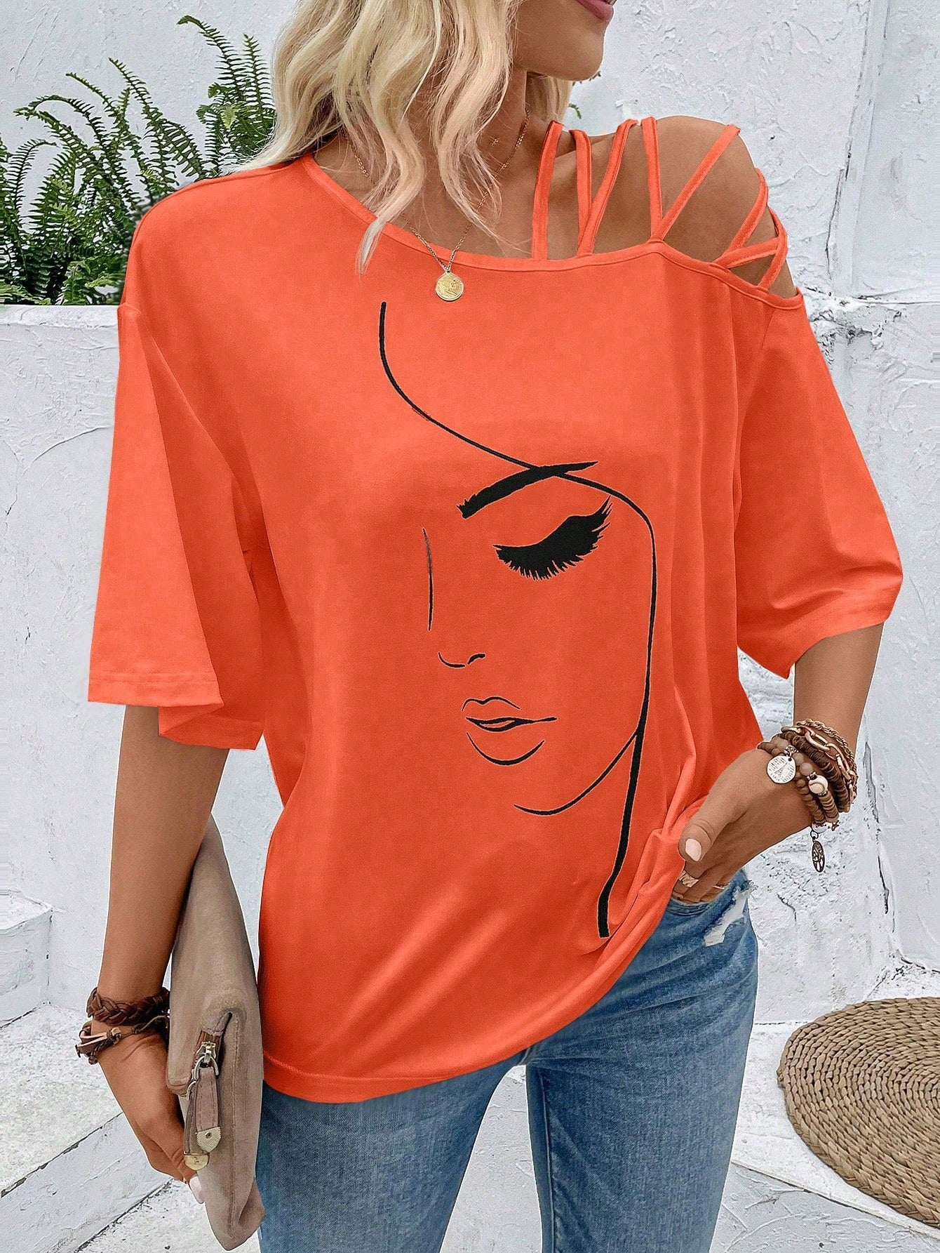 VCAY Figure Graphic Asymmetrical Neck Tee