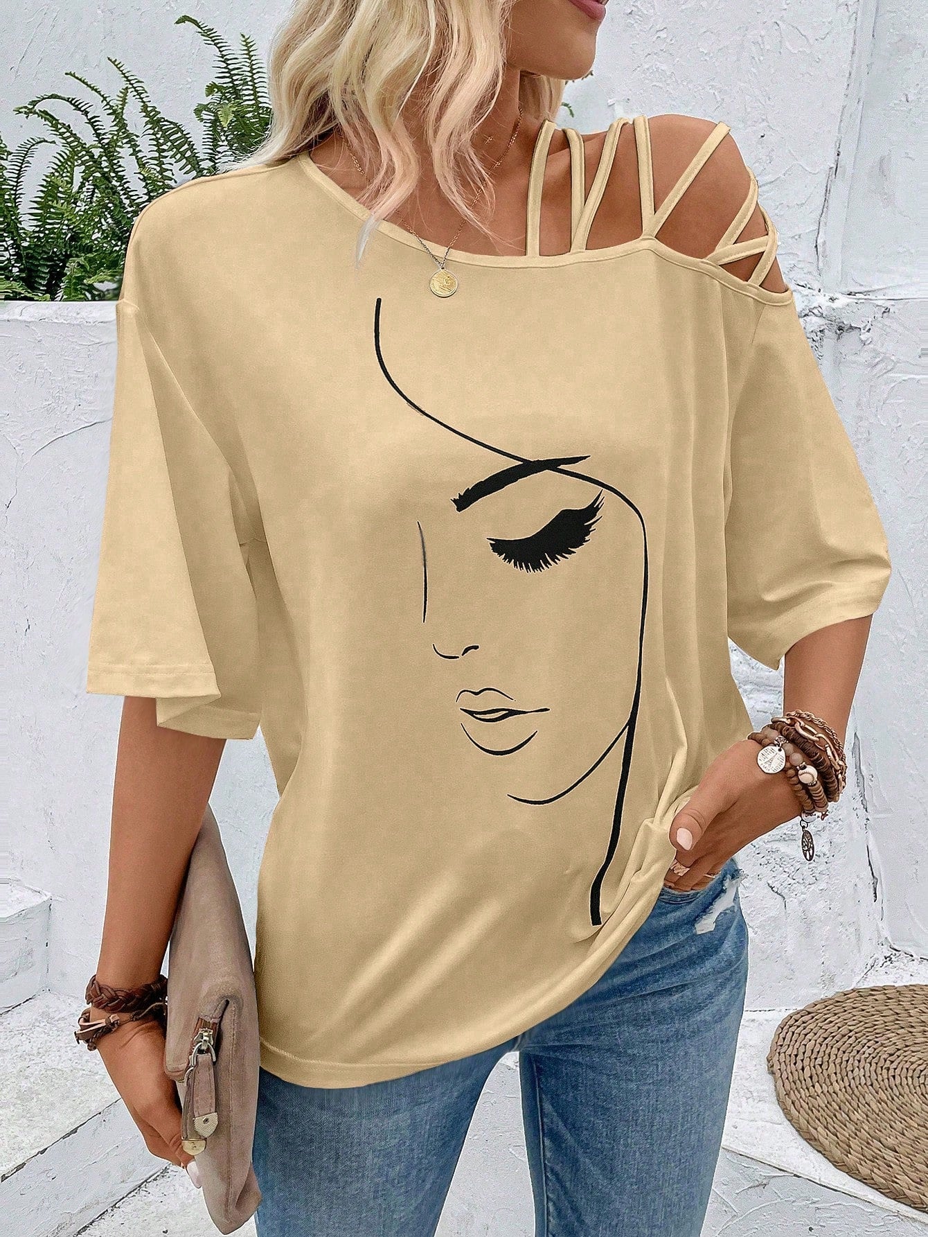 VCAY Figure Graphic Asymmetrical Neck Tee