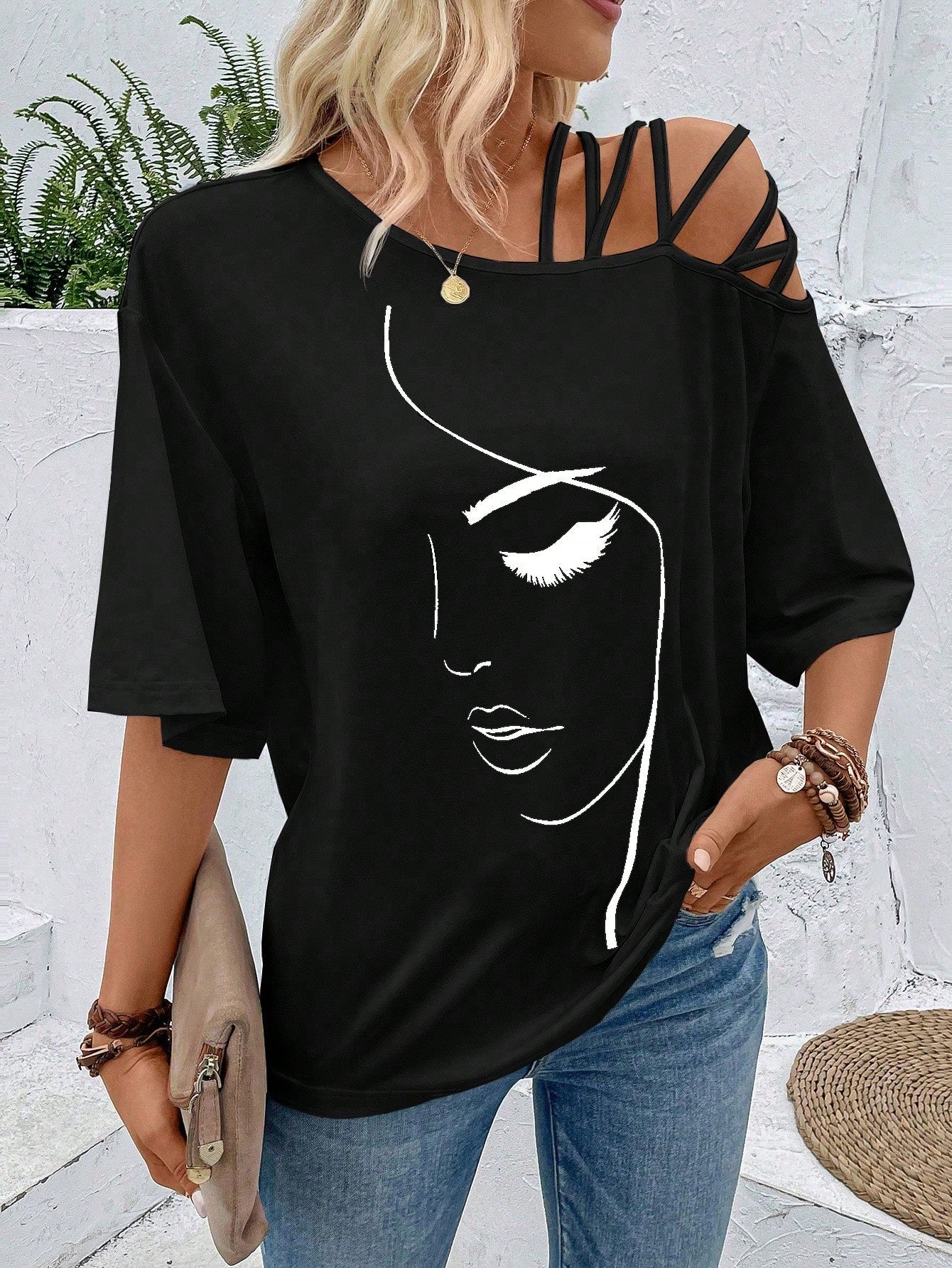 VCAY Figure Graphic Asymmetrical Neck Tee