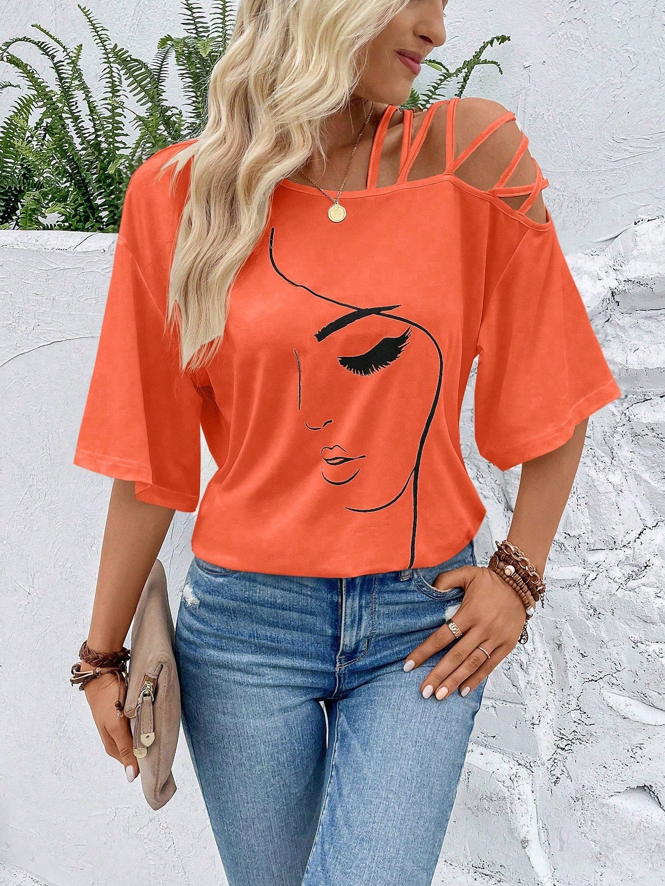 VCAY Figure Graphic Asymmetrical Neck Tee