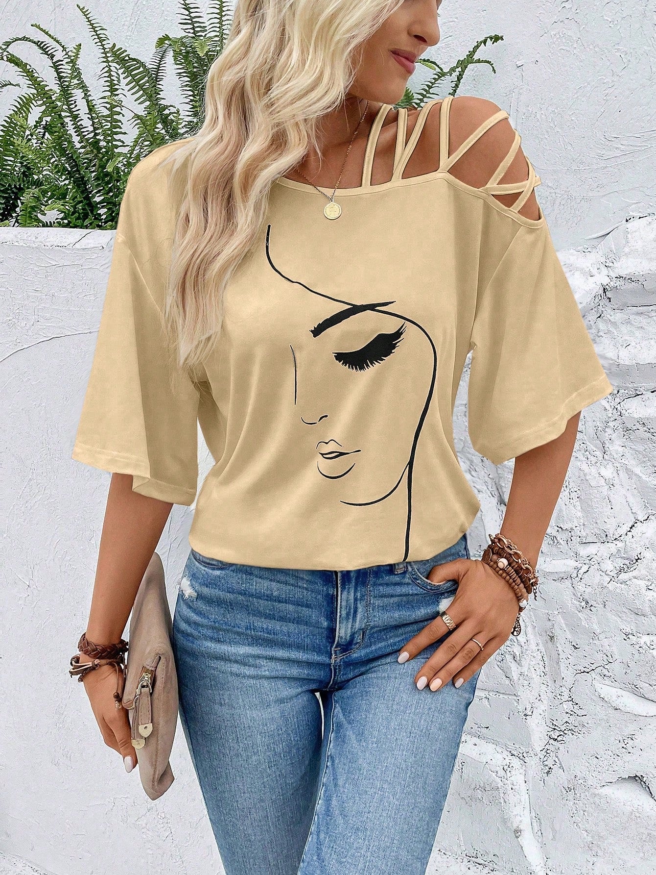 VCAY Figure Graphic Asymmetrical Neck Tee