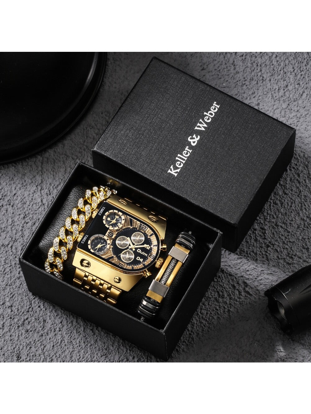 1pc Men's Large Irregular Dial Multifunctional Steel Belt Watch/bracelet Set (3 Time Zones) With Gift Box