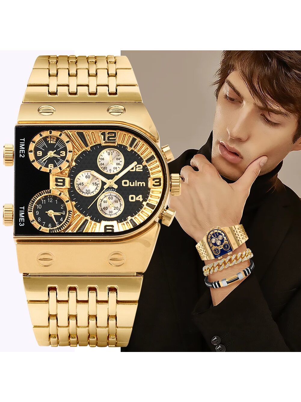 1pc Men's Large Irregular Dial Multifunctional Steel Belt Watch/bracelet Set (3 Time Zones) With Gift Box