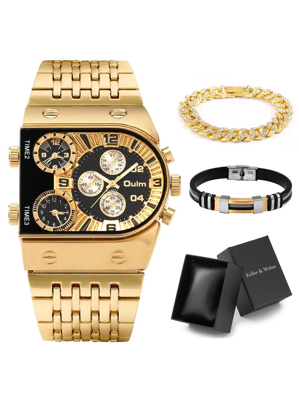 1pc Men's Large Irregular Dial Multifunctional Steel Belt Watch/bracelet Set (3 Time Zones) With Gift Box