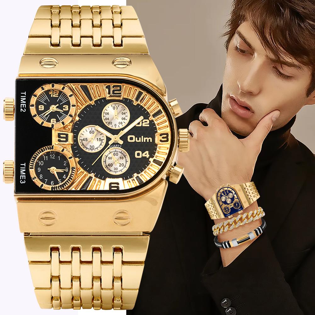 1pc Men's Large Irregular Dial Multifunctional Steel Belt Watch/bracelet Set (3 Time Zones) With Gift Box