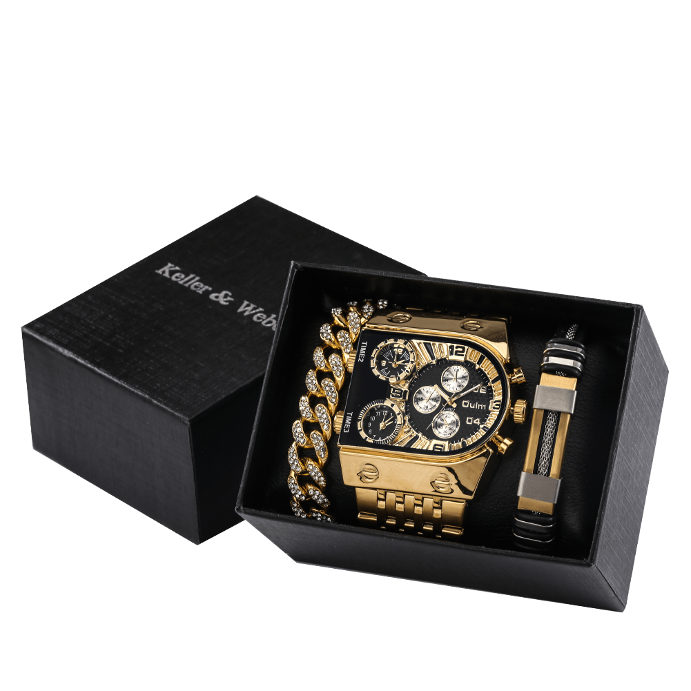 1pc Men's Large Irregular Dial Multifunctional Steel Belt Watch/bracelet Set (3 Time Zones) With Gift Box