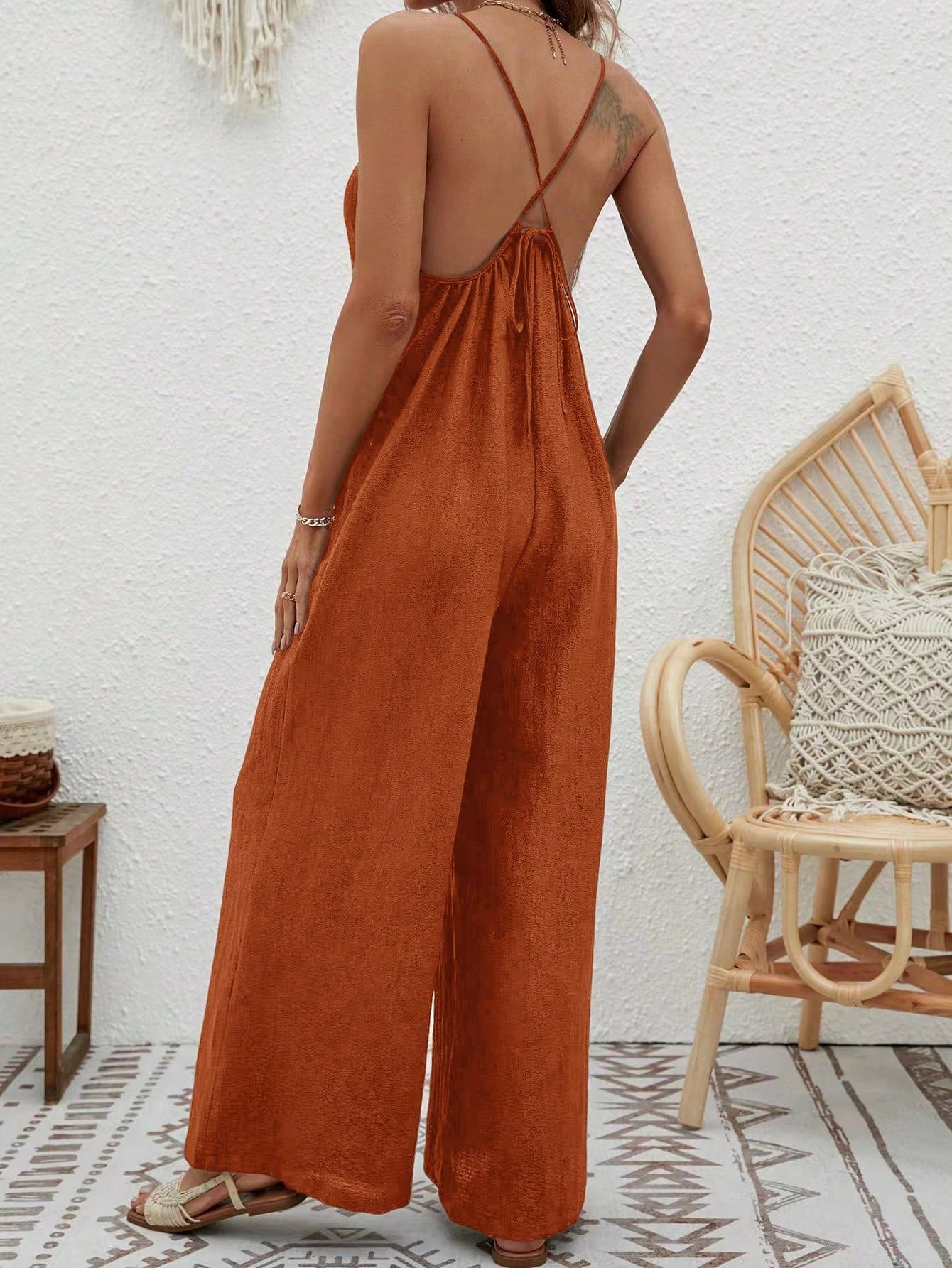 VCAY Crisscross Backless Wide Leg Cami Jumpsuit