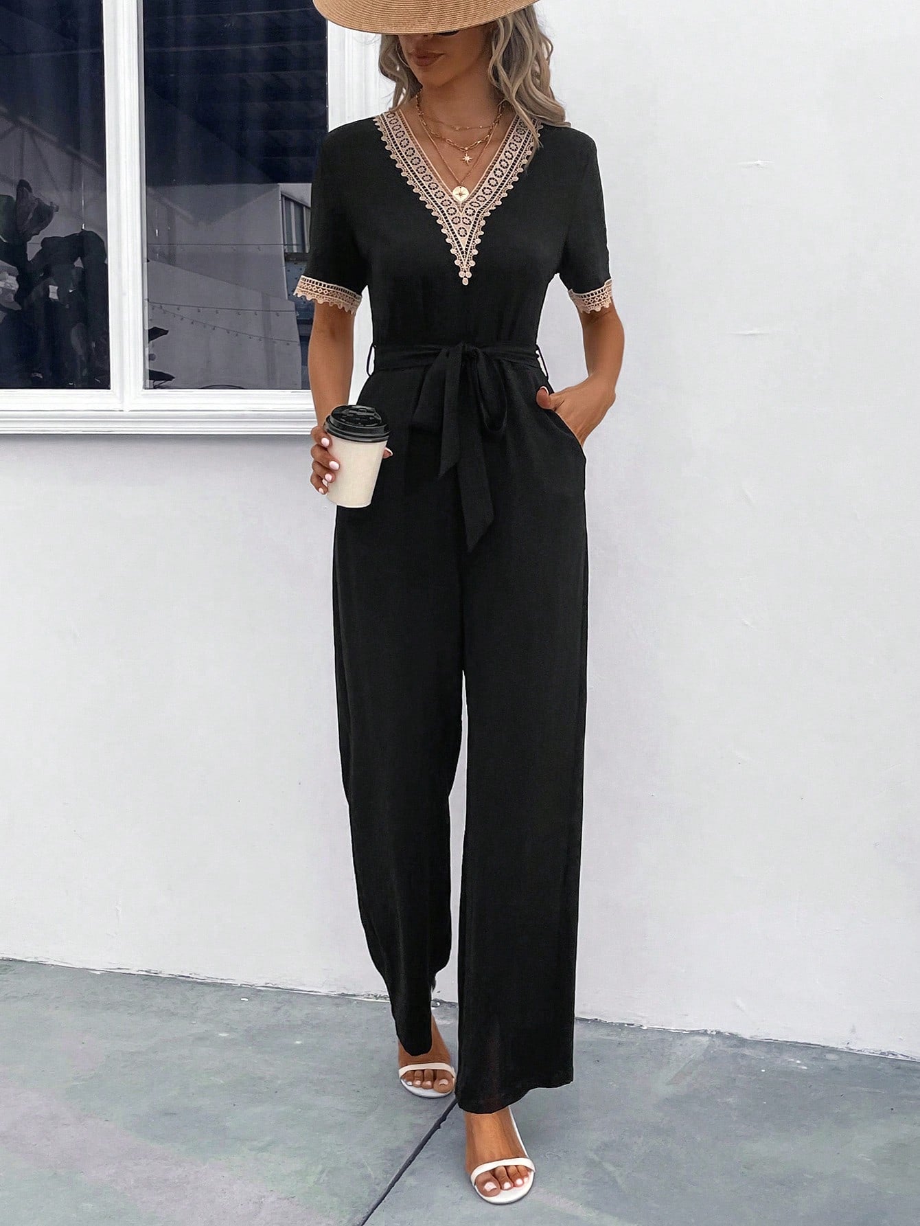 LUNE Guipure Lace Trim Belted Jumpsuit