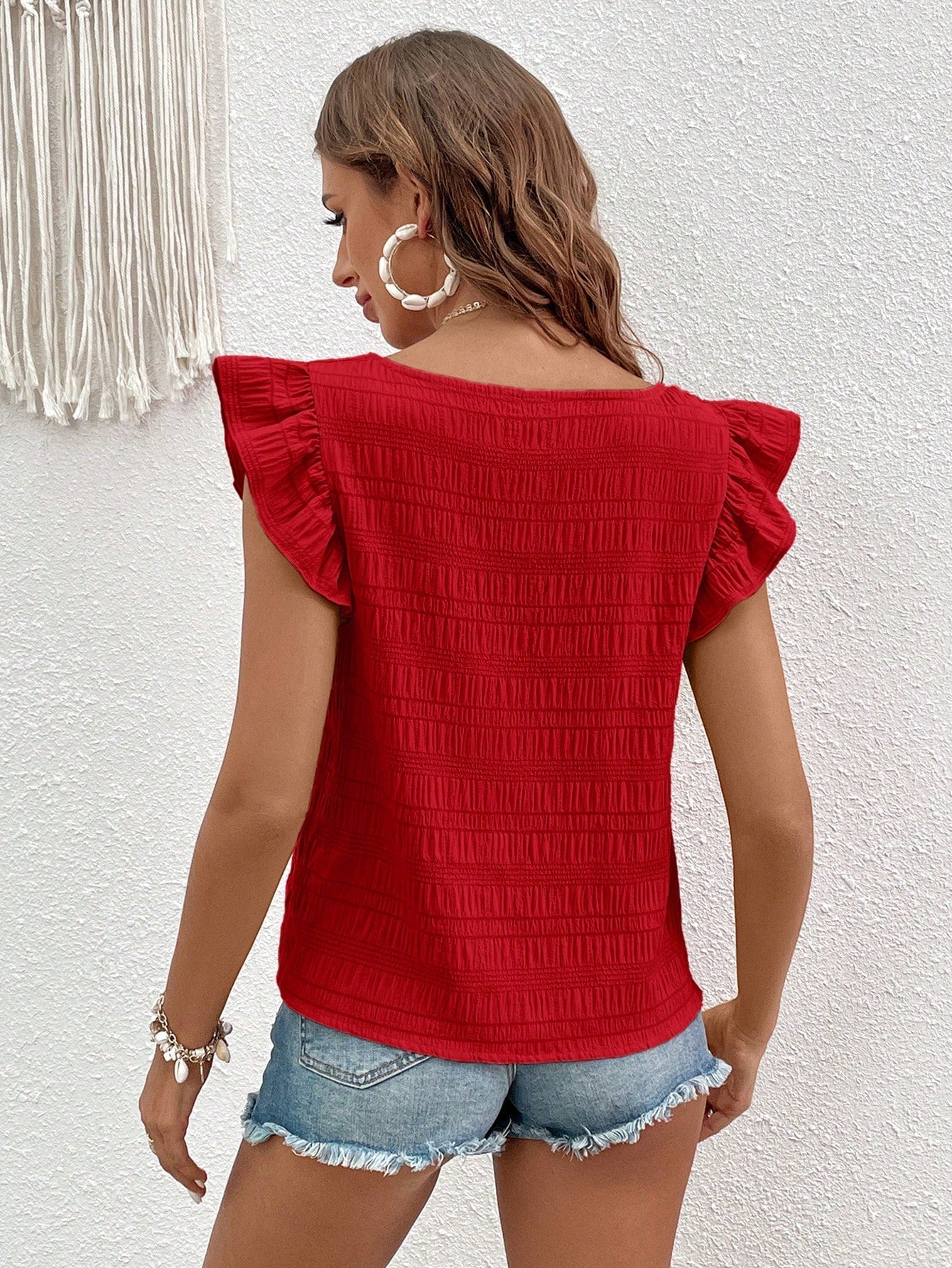 VCAY Solid Puff Sleeve Ruffle Trim Blouse Square Neck Top