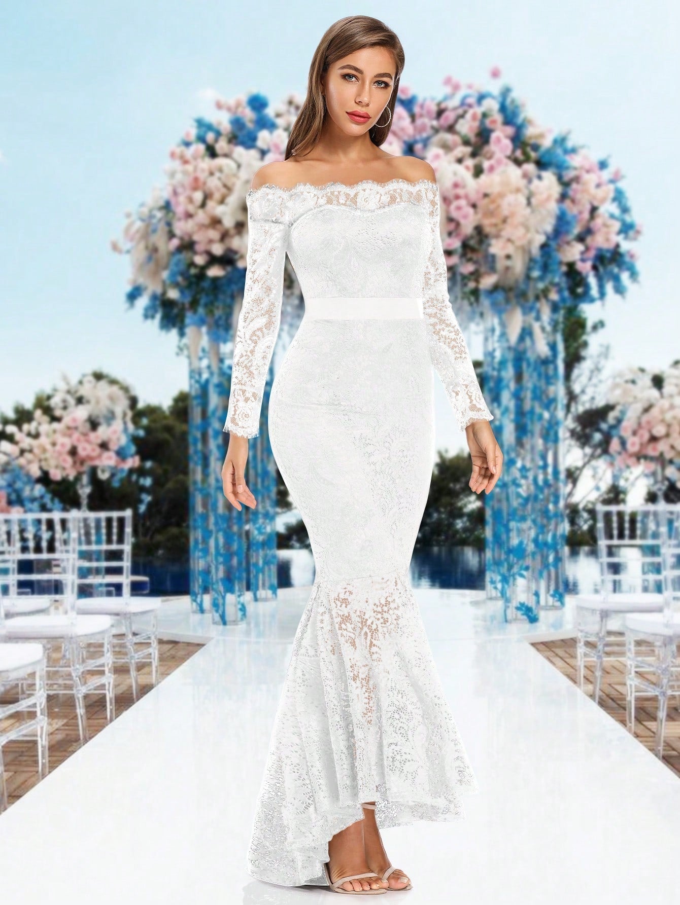 Off Shoulder Mermaid Hem Lace Wedding Dress