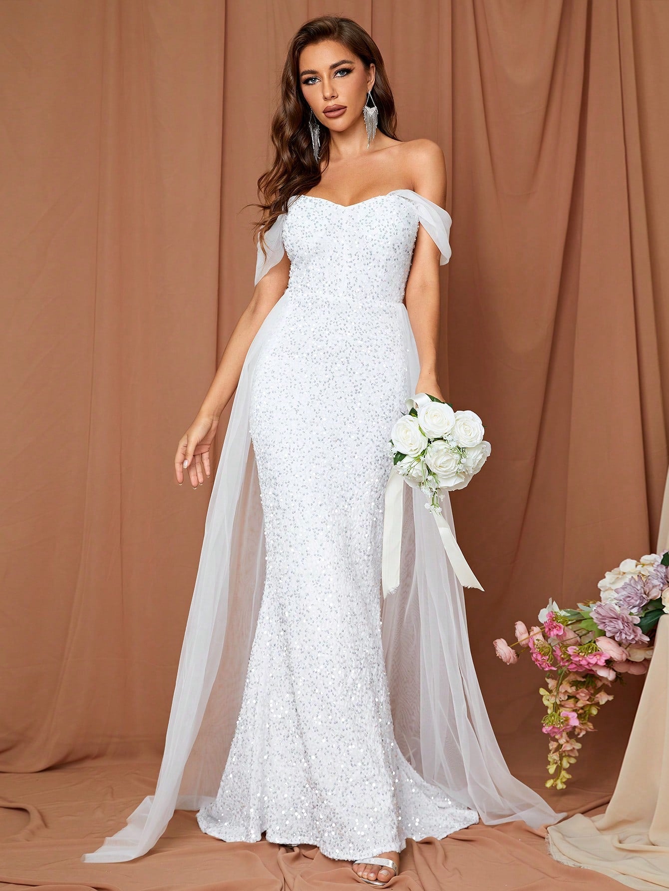 LOVE&LEMONADE Off Shoulder Contrast Mesh Mermaid Hem Sequin Wedding Dress