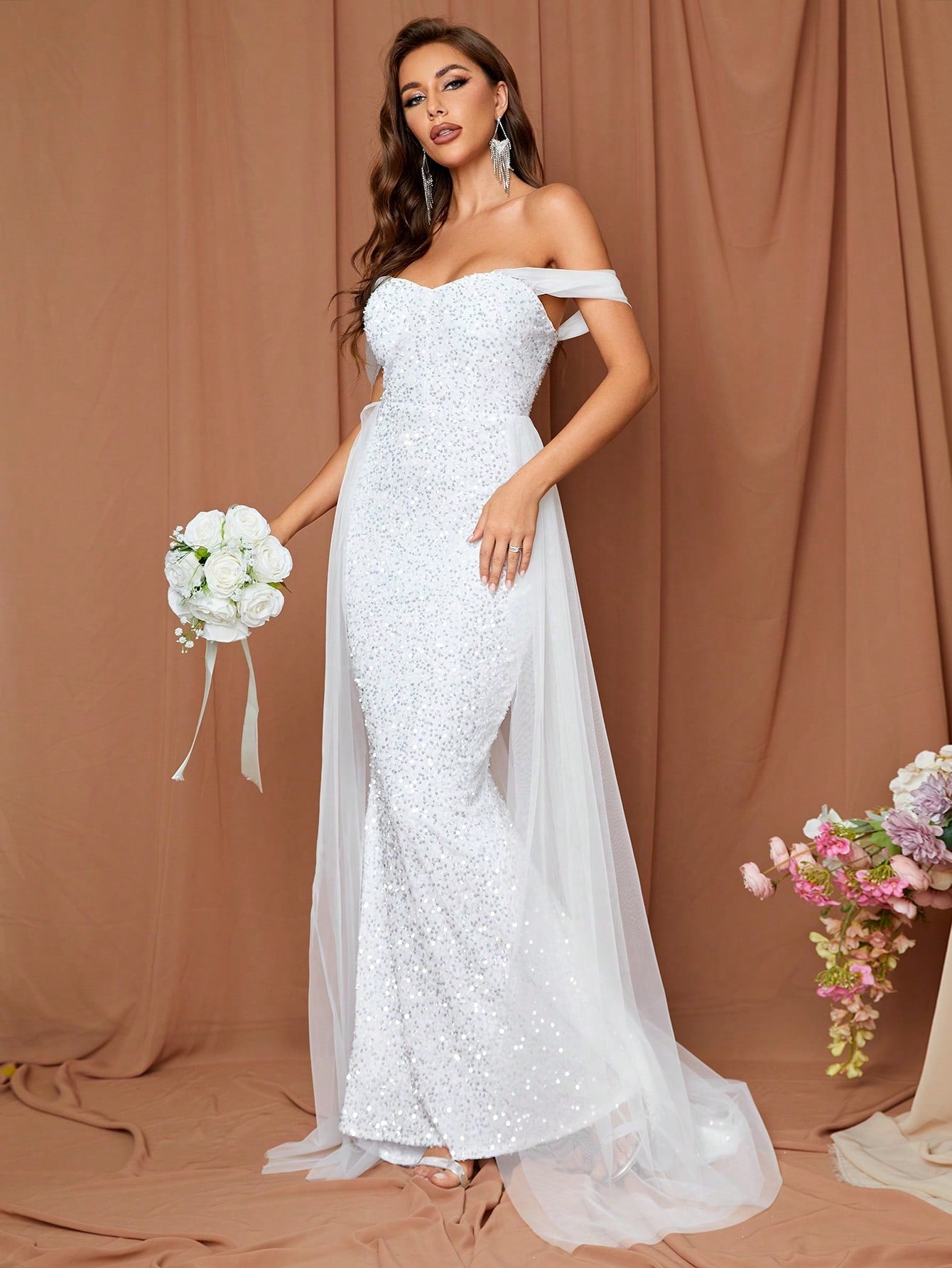 LOVE&LEMONADE Off Shoulder Contrast Mesh Mermaid Hem Sequin Wedding Dress