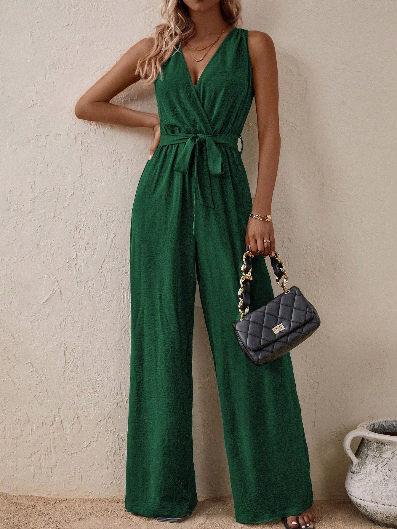 LUNE Solid Belted Wide Leg Jumpsuit