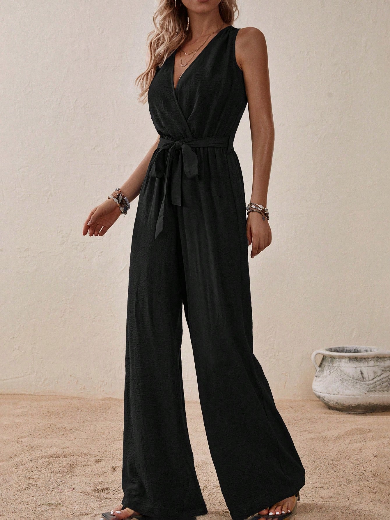 LUNE Solid Belted Wide Leg Jumpsuit