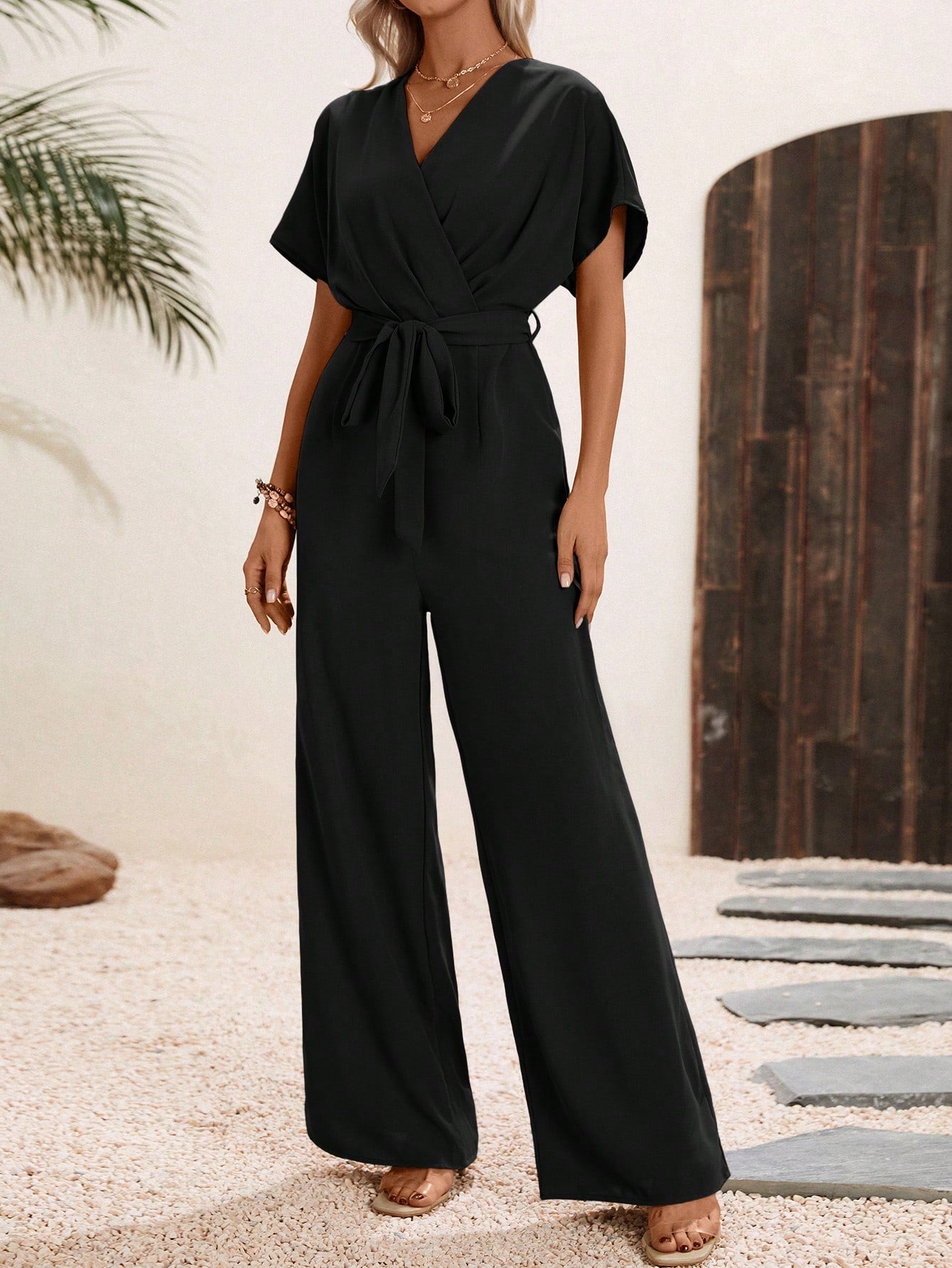 LUNE Solid Belted Wide Leg Wrap Detail Jumpsuit